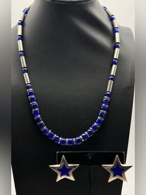 Vintage 925 Sterling Silver Cobalt Blue Glass Bead Necklace & Star Earring Set